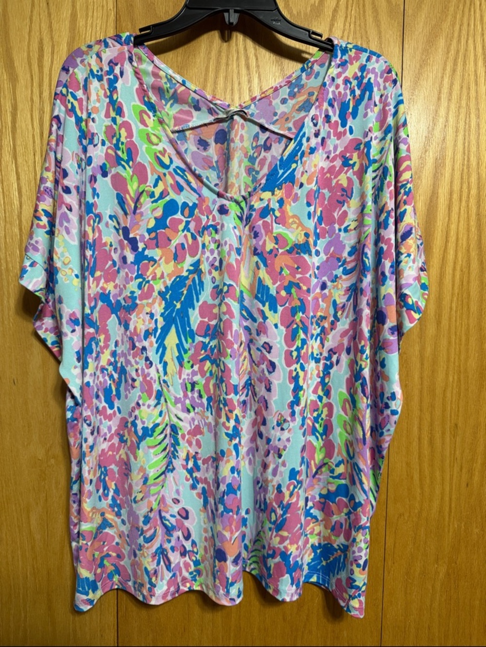 JODIFL V-Neck Tunic Top - Pink, Blue & Green Watercolor Floral